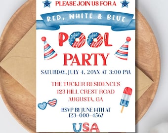 Red, White& Blue Pool Party, 4th of July Pool Party Invitation, Labor Day Party Fourth of July, Independence Day, Patriot Celebration| Corjl