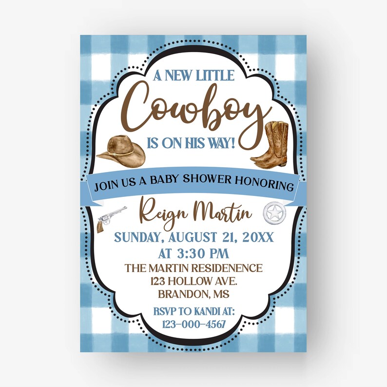 Cowboy Baby Shower, A Little Cowboy is on His Way Invitation blue