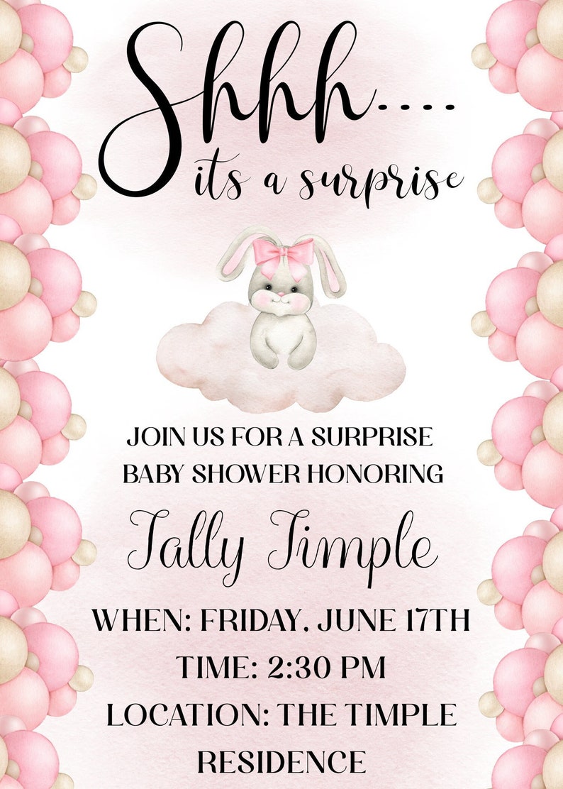 Surprise Baby Shower Invitation, Shhh....It's a Surprise Baby Shower, Girl Baby Shower, Bunny Rabbit/CloudThemed Instant Download, Corjl image 1