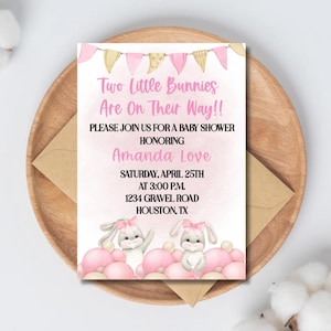 ¡Dos conejitos vienen en camino! Invitación para baby shower de gemelas, baby shower para gemelas, invitación de conejo para gemelas, conejito de Pascua