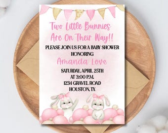 Two Little Bunnies Are On Their Way! Twins Baby Shower Invitation, Baby Shower for twin girls, Twin Baby Girls Rabbit Invite, Easter Bunny