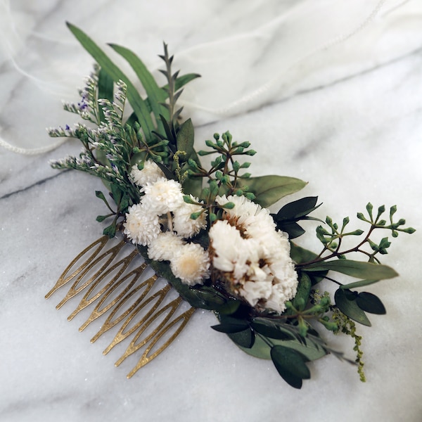 Preserved Flower Wedding Hair Comb | Bohemian Eucalyptus Hairpiece