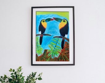 Origineel acrylschilderij toekan: tropische regenwoudvogelkunst (12 x 18)
