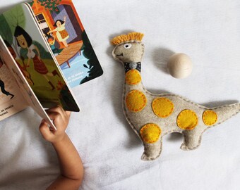 Felt Dinosaur Plush Toy: Wool Felt, Macrame Hair, Bow Tie (10" Tall)
