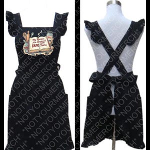 May include: Black apron with a decorative print featuring a cookbook, cooking utensils, and the text "My Recipes Are Seasoned With FAFO Tears." The apron has ruffled shoulder straps and a waist tie. The apron has two front pockets.