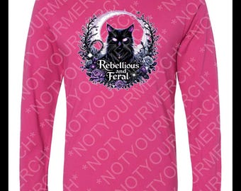 Rebellisches und wildes Langarm-Shirt – Gothic Schwarzer-Katzen-Mond-T-Shirt – Witchy feministische Grafik mit Rosen & Lunar Vibes