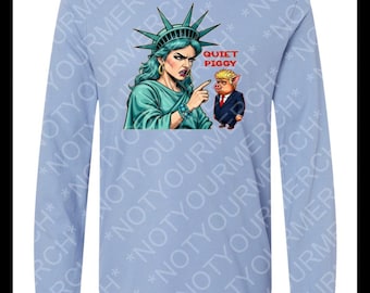 Quiet Piggy Liberty Edition Graphic Long Sleeve Unisex Tee with Bold Statue of Liberty & Orange Pig Design