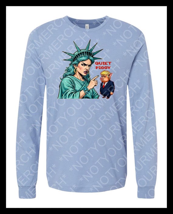 Quiet Piggy Liberty Edition Graphic Long Sleeve Unisex Tee with Bold Statue of Liberty & Orange Pig Design