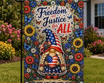 Freedom and Justice for All Garden Flag – Patriotic Gnome Sublimated Yard Decor