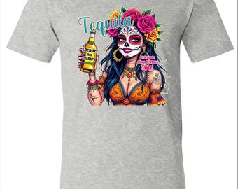 Cinco de Mayo Sugar Skull V-Neck | Tequila Is Cheaper Than Therapy Shirt| Latina Pride Tee | Floral Skull Tequila Shirt | Celebrate in Style