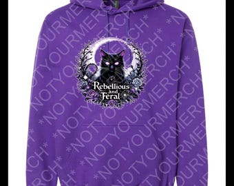 Rebellious and Feral Hoodie – Gothic Black Cat Moon Hoodie – Witchy Aesthetic Pullover with Purple Roses & Lunar Vibes