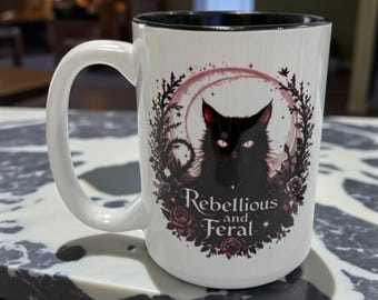 Rebellious and Feral Mug – 15oz Black Cat Coffee Cup | Gothic Witchy Statement Ceramic Mug with Roses & Moon Design