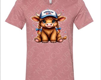 American Girl Highland Cow Tee – Cute Patriotic Cow Shirt – V-Neck or Crew Neck