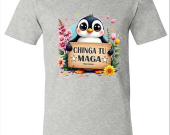 Penny Penguin Chinga Tu MAGA V-Neck Shirt - Bold, Funny, & Political Statement, Casual, Short Sleeve, Lightweight Polyester Cotton Blend