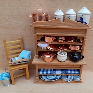 Dolls house miniatures &#39;higgledy piggledy&#39; Messy Kitchen Scullery cupboard bursting with pots, pans, storage, plates, cups, tea-towels