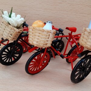 1:12 Dolls house miniature &#39;Daisy Daisy&#39; Country Bicycle in Red-Black, attached basket, contents-your choice, book (wine) club, grocers