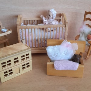 Dolls house miniatures &#39;Sweet Dreams Baby&#39; Nursery collection Pine Crib Cot High Chair Rocking Chair Toy Blanket Chest Toy Dolls House