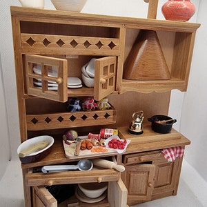 Dolls house miniatures &#39;An all in one&#39; Kitchen unit cupboard with a top oven. Creating a Stew pot. Plates & Cutlery and Jams. Bowls, Kettle