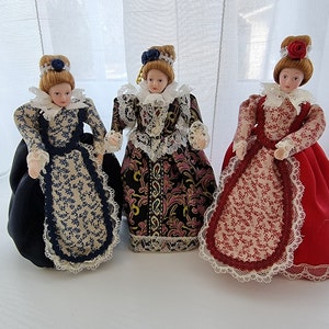 Dolls house miniature Tudor Porcelain Dolls. Lady Jane, Jo & Josephine. Positional and flexible and comes with stand. 6.5 inches or 16 cm.