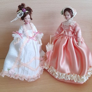 Victorian Porcelain 'Pretty in Peach' Ladies/Dolls Lady Helena and Lady Eugenie dressed in Beautiful outfits including Stand.