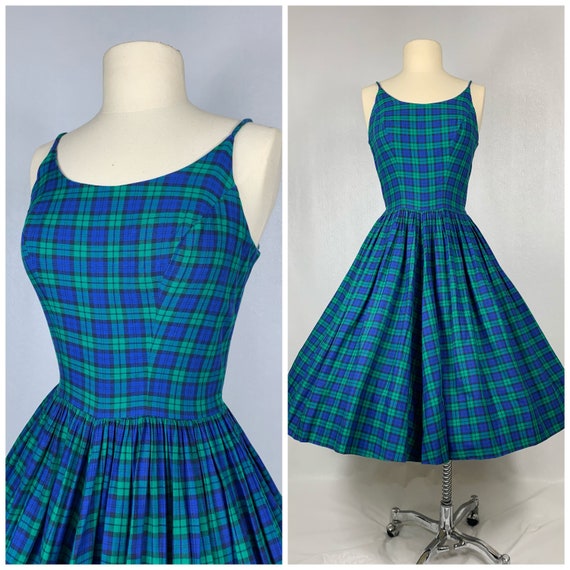 1950s Green & Blue Plaid Cotton Vintage Sundress