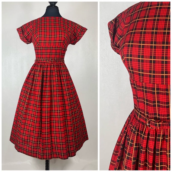 1950s Red & Black Plaid Cotton Vintage Dress