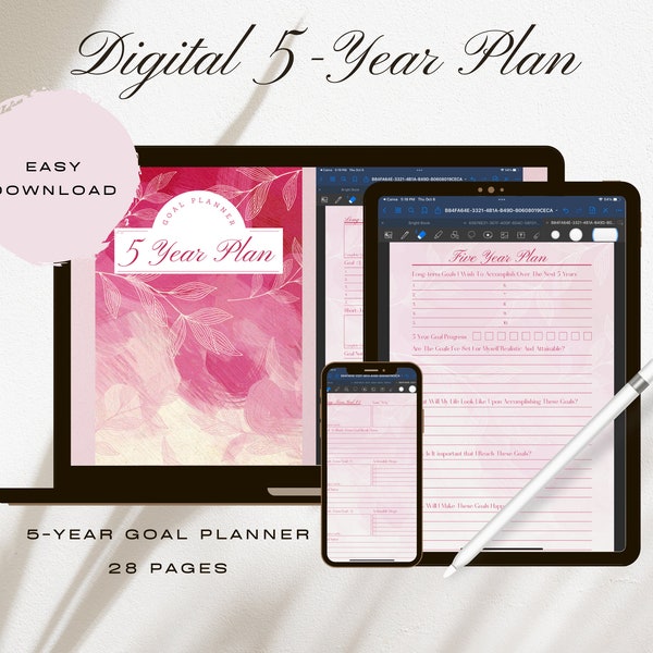 Digital 5 Year Plan | 5 Year Goal Planner | Downloadable Goodnotes Planner | Printable Planner | iPad Planner | Digital Goal Worksheets