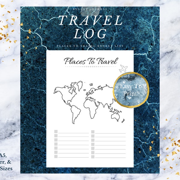 Travel Printable Bullet Journal Insert, WORLD MAP, Vacation, Places To Travel, Coloring Page | A4, Letter, & Planner Sizes