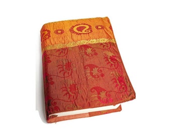 Unique sari book covers, upcycled red orange book sleeves made from upcycled saree cloth ethically handmade in India