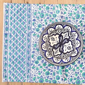 Blue Green Floral Placemats (Set of 2): Organic Cotton Block Print