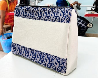 Large blue beige handmade upcycled sari and cotton canvas toiletry bag, training sample ethically handmade in India