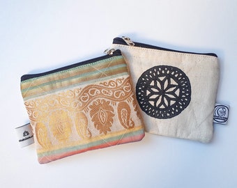 natural ink ethically handmade in India organic cotton upcycled sari fabric zipper pouch Vintage sari coin purse small wallet