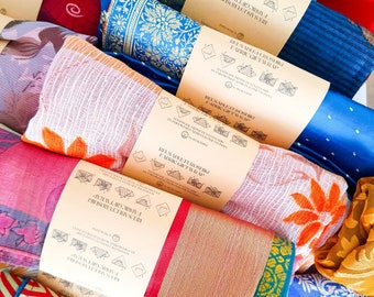 Handgemaakte sari-cadeauverpakkingen, milieuvriendelijke furoshiki herbruikbare inpakdoeken, ethisch handgemaakt in India