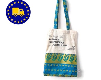 Surprise sari tote bag made from upcycled sari fabric, reusable shopper tote bag with pocket ethically handmade in India