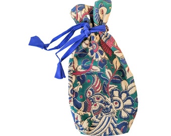 Indian cotton pouch, bold colourful reusable drawstring gift bag with Kalamkari print, fair trade and ethically handmade in India