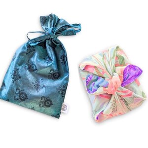 Pacchetto di carta da regalo riutilizzabile: set di stoffa da regalo furoshiki e borsa regalo realizzati a mano in modo etico da sari riciclati