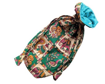 Indian cotton pouch with drawstring, elephant and peacock Kalamkari print drawstring gift bag fair trade and ethically handmade in India