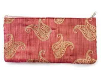 Handmade sari pouch, coral pink purse with zipper close ethically handmade in India from recycled sarees