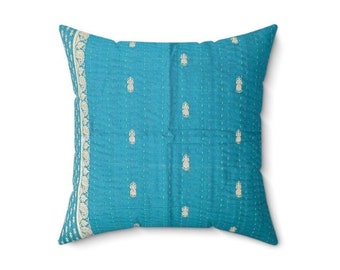 Teal silk sari cushion cover with kantha stitching, upcycled from sari cloth and ethically handmade in Bangladesh