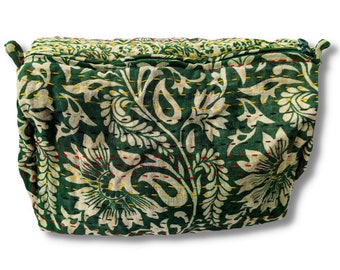 Handmade large vintage sari toiletry bag, green floral upcycled cotton saree makeup bag with kantha stitching ethically handmade in India