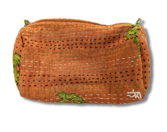 Handmade large vintage sari toiletry bag, orange green upcycled cotton saree makeup bag with kantha stitching ethically handmade in India