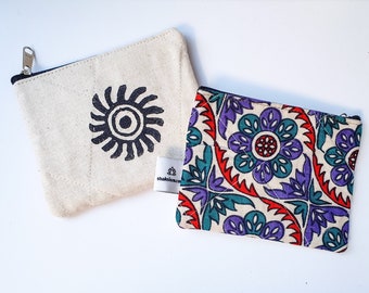 natural ink ethically handmade in India organic cotton upcycled sari fabric zipper pouch Vintage sari coin purse small wallet