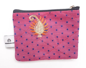 natural ink ethically handmade in India organic cotton upcycled sari fabric zipper pouch Vintage sari coin purse small wallet