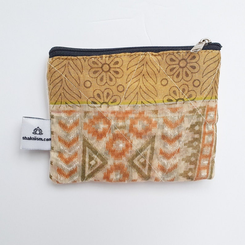 natural ink ethically handmade in India organic cotton upcycled sari fabric zipper pouch Vintage sari coin purse small wallet