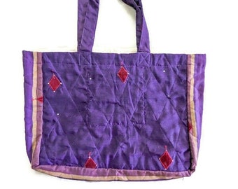 Large capacity upcycled sari market tote bag, reusable royal purple tote ethically handmade in India