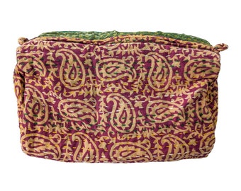 Handmade large vintage sari toiletry bag, burgundy green upcycled cotton saree makeup bag with kantha stitching ethically handmade in India