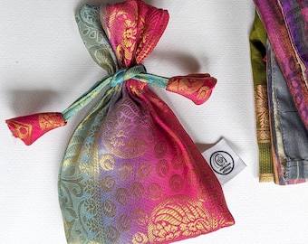 Colourful Sari Drawstring Gift Bags, Small Handmade Jewellery Pouches Ethically Handmade in India