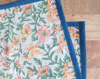 Blue Floral Quilted Cotton Placemats: Jaipur Block Print, Set of 2 table mats