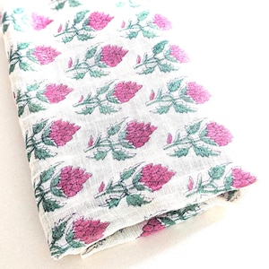 Handwoven Khadi cotton block printed scarves, blue pink floral pattern, ethically handmade in India