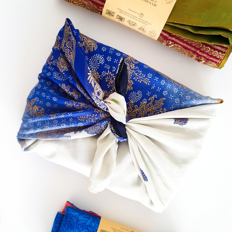 Handgefertigte Sari-Geschenkverpackungen, umweltfreundliche wiederverwendbare Verpackungstücher von Furoshiki, ethisch handgefertigt in Indien Bild 5